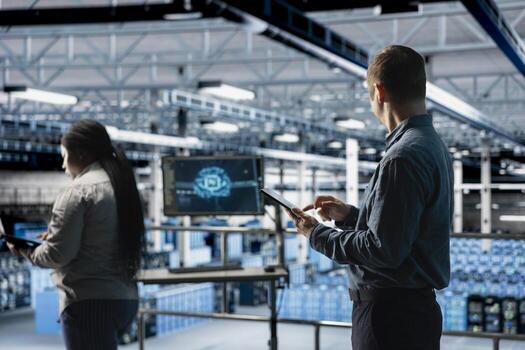 Team of data center software developers review code for AI automation scripts. Server hub coworkers run artificial intelligence assisted diagnostics on infrastructure for predictive fault detection photo