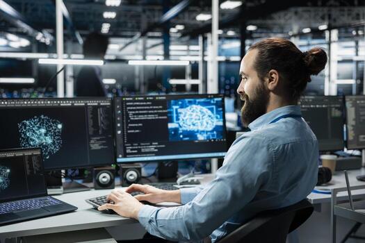 Jolly data center technician working on databases supporting AI apps. Upbeat IT employee in server room using artificial intelligence technology on PC to do algorithms improvements photo