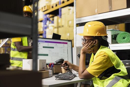 Overworked woman in hi vis vest napping with scanner in hand in warehouse, falling asleep and being extremely tired during long shift in the distribution center. Import export operations. photo