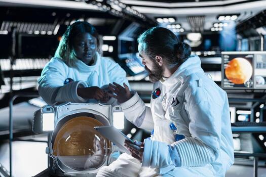 Astronauts on orbital station while flying to Mars, performing controlled tests. Cosmonauts in starship doing red planet surface research, documenting experimental observations photo