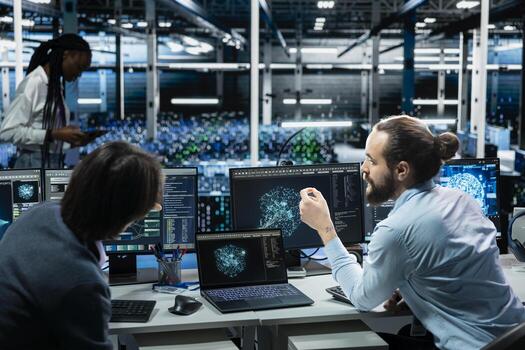 Team of programmers in data center installing upgraded server racks systems helped by AI technology. Server room coworkers talking, upgrading enterprise networks hardware using artificial intelligence photo