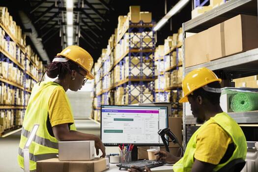 Black industrial employees monitoring parcel status on a computer tracking software, handling e-commerce logistics and shipment route for real time updates. Order fulfillment in depot. photo
