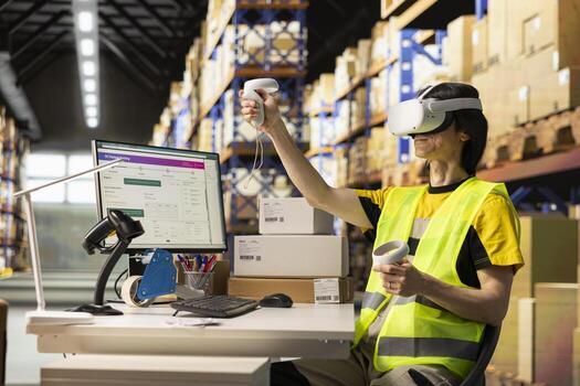 Male worker wearing a VR headset for 3D simulation powered by artificial intelligence, supporting order processing and inventory control. Monitoring real time shipment parcel tracking. photo
