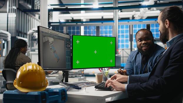 Solar panels inspection group review data on pc next to green screen, finding errors during a process audit and helping optimize renewable energy operations. Photovoltaics factory. Camera A. photo