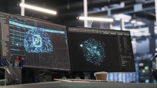 Close up of server farm PC screens tracking rackmounts processing deep learning datasets. Computer displays monitoring gear used in artificial intelligence model development, handheld camera shot photo