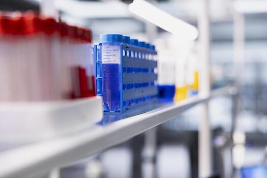 Close up of modern laboratory glassware filled with blue and red indicator solutions arranged on research workspace shelf. Cylinders and tubes with chemical fluids used for experiments in empty lab photo