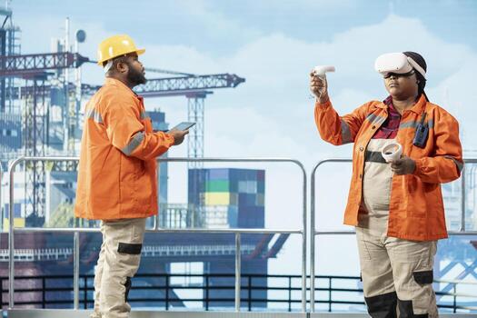 costa afuera plataforma experto supervisando cubierta operaciones utilizando virtual realidad tecnología, asegurando conformidad con la seguridad protocolos ingeniero haciendo preventivo mantenimiento en perforación plataforma con vr gafas de protección foto