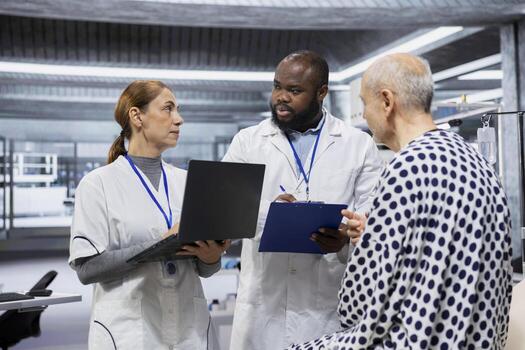 Diverse scientists performing observation and examination of a patient in a research lab, testing a new treatment and analyzing dosage effects. Studying risks and outcomes for progress. photo