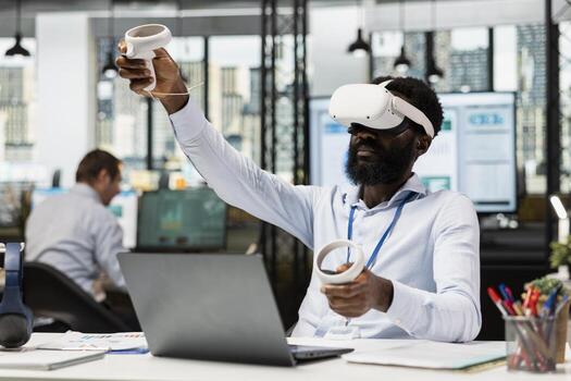 African american man in tech driven office using immersive VR headset for multinational company project presentation. Black male manager using virtual reality for innovative business strategy planning photo