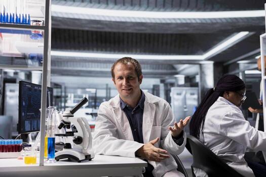 POV of researcher attending conference from laboratory workspace, scientist explains experiment data and analysis in telemedicine session. Combining biotechnology research and genetics. photo