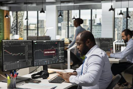 apuntalar firma comerciante viendo advertencia surgir de hackear actividad, trabajando a seguro cuenta. africano americano hombre reaccionando a valores mercado cuenta perpetrado por hackers mirando a ganancia comercio misterios foto