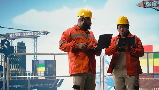 Drilling rig technicians tracking oil production efficiency, coordinating checkup operations. Offshore installation manager and worker use devices to evaluate system performance, photo