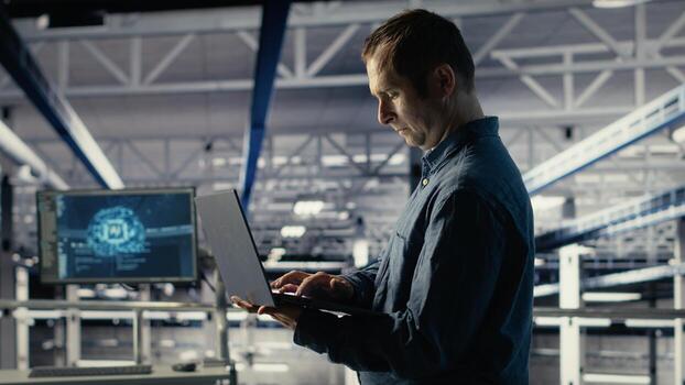 datos centrar administración en industrial plataforma cheques ai tablero utilizando ordenador portátil. hombre en servidor granja pruebas artificial inteligencia herramientas en cuaderno a garantizar de confianza actuación, cámara si foto