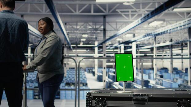 datos centrar trabajadores monitor ai procesos con aislado pantalla tableta, revisando métrica. ingenieros utilizar croma llave dispositivo a revisión artificial inteligencia informes durante inspección, cámara un foto