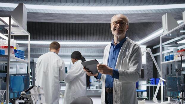 Portrait of professional scientist analyzing samples in modern laboratory, medical discovery process involves biotechnology research and molecular science. Healthcare data innovation. photo