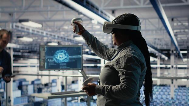 Data center system administrators deploy machine learning software on infrastructure racks. Team of server hub IT experts train AI systems with datasets using tablet to support applications, camera B photo