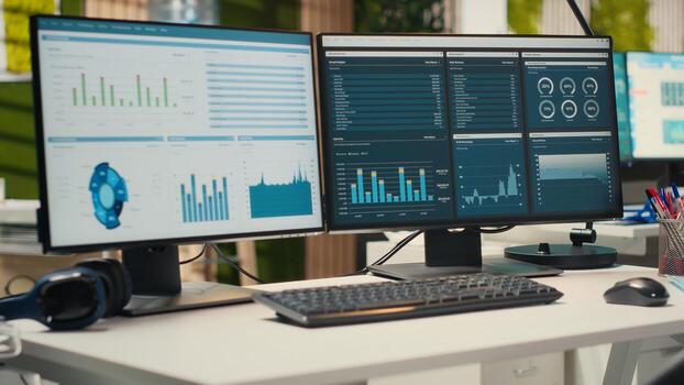 Empty professional office with high tech technology and dual monitors used in developing business strategy with analytics tools ready for growth and organizational success. Networking. photo