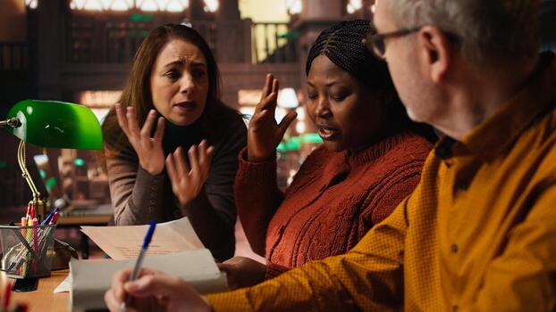 Diverse actors rehearsing dialogue and character expression in a quiet library, studying classic drama play lines with discipline and commitment. Theatre performance practice. photo