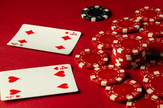 A group of playing cards, one pair, and poker chips are arranged on a red table, creating an atmosphere of excitement during a friendly gaming evening. A modest but pleasant win in poker photo