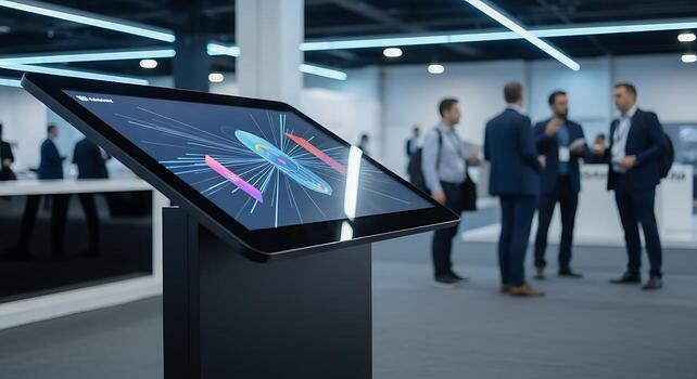 Modern interactive display showcasing vibrant data visualizations in a dynamic business conference setting with networking professionals nearby photo