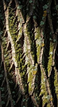 A detailed close-up of old tree bark with vibrant green moss and lichen growing in its deep crevices. A natural abstract texture. photo