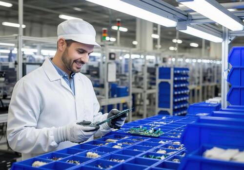 Factory worker handling electronic components with care in industrial setting, symbolizing technology, precision, and quality manufacturing. photo