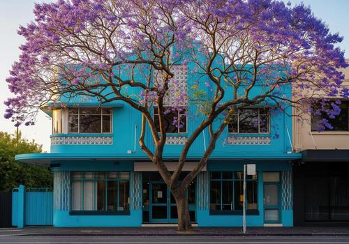 Vibrant jacaranda tree blooming in front of a bright turquoise building photo