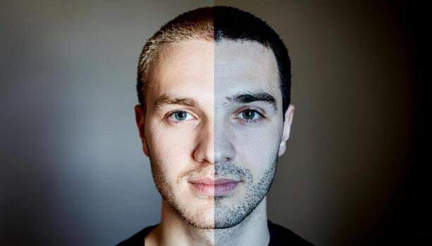 Conceptual artwork combining two male faces split in half, symbolizing unity, diversity, and identity connection. Modern minimalist portrait with emotional tone and balanced light contrast. photo