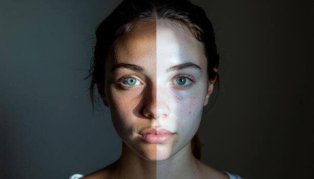 Creative portrait of a woman with split lighting showing duality between light and dark sides, representing inner conflict, dual nature, and emotional balance. Perfect for conceptual art themes. photo