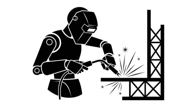 robot soldador trabajando en metal estructura soldadura chispas vector