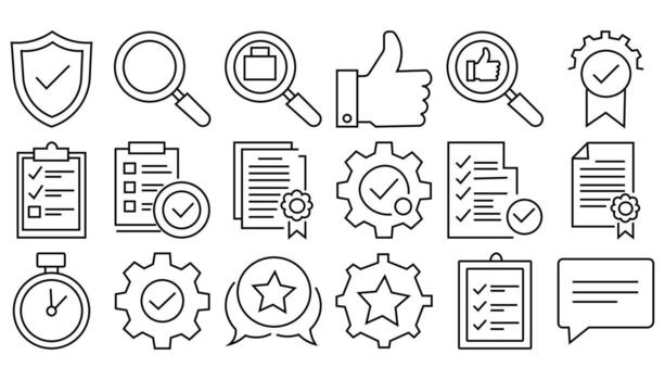 A collection of thin line icons for quality control, standard assurance, and product certification, a illustration set for business processes vector
