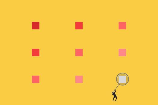 empresario con aumentador vaso mirando idea bombilla, concepto de puesta en marcha idea y problema resolviendo vector