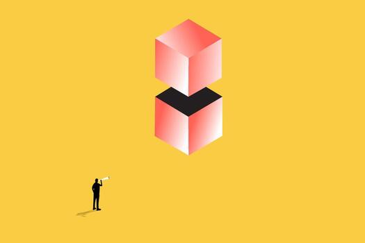 Businessman uses a telescope looking cube. concept of business vision, hard work, effort, and building a foundation vector