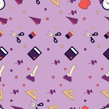 Colorful seamless school tools pattern featuring calculators scissors rulers flasks and pins on purple background perfect for education themes stationery wrapping paper and creative design projects vector