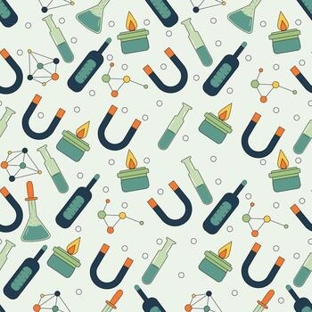 Creative seamless science lab pattern featuring magnets flasks burners and molecules perfect for education backgrounds chemistry projects and laboratory themed design illustrations vector