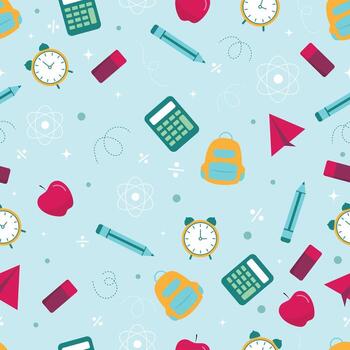 Playful seamless school pattern with backpacks calculators pencils clocks apples and paper planes perfect for education themes stationery design learning backgrounds and classroom projects vector