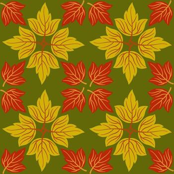 sin costura modelo con otoño otoño hojas. naranja rojo hojas en verde antecedentes. otoñal botánica ilustración. simétricamente repitiendo modelo vector