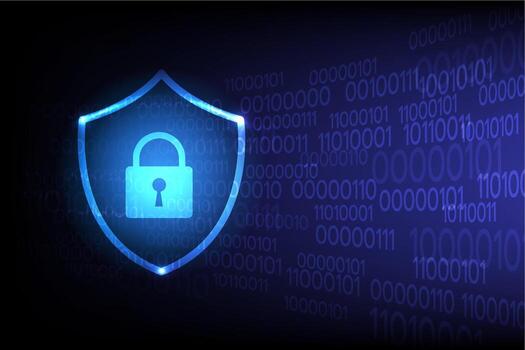 Glowing shield with lock symbol over binary code background representing cybersecurity and data protection vector