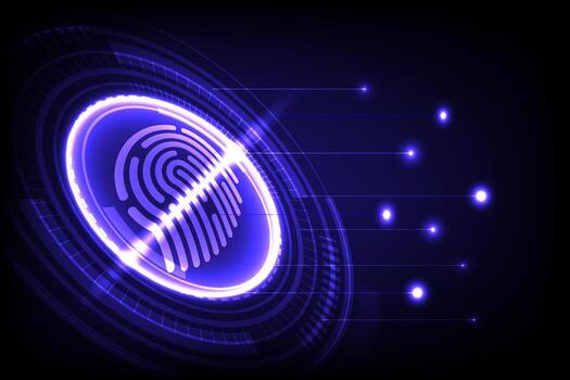 Glowing digital fingerprint scanner with neon blue light, representing cybersecurity and biometric authentication vector