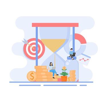 ilustración de un personaje utilizando un ordenador portátil para inversión con moneda, objetivo, y reloj de arena íconos vector