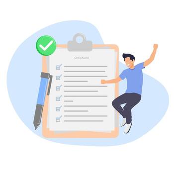 ilustración de un contento personaje después completando un encuesta vector