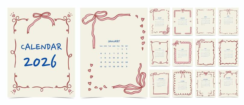 2026 calendar week start on Sunday with coquette theme that use for horizontal digital and printable letter size vector