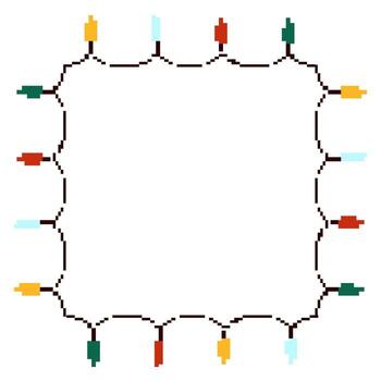 Square frame of colorful pixel art holiday string lights on white background vector