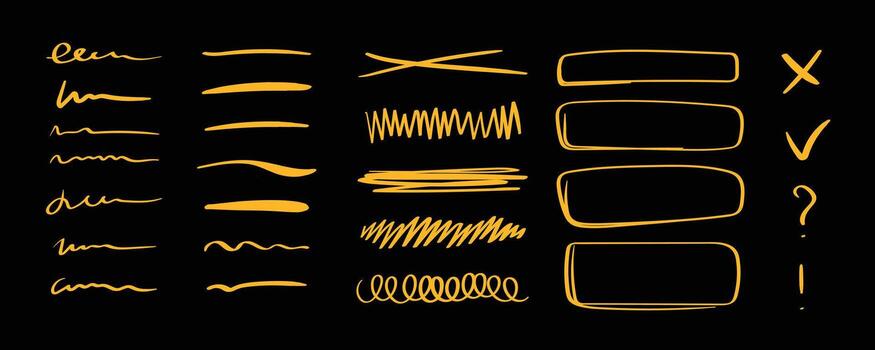 Hand drawn underline and marker elements set. Yellow doodle lines, check marks, and highlight shapes for notes, planners, and creative Adobe design projects. vector