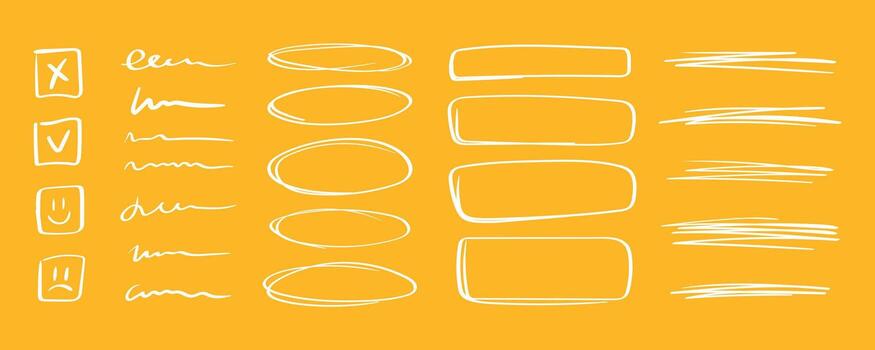 White hand drawn underline and bubble set on yellow background. Marker sketch shapes for web design, infographic highlights, and Adobe templates. vector