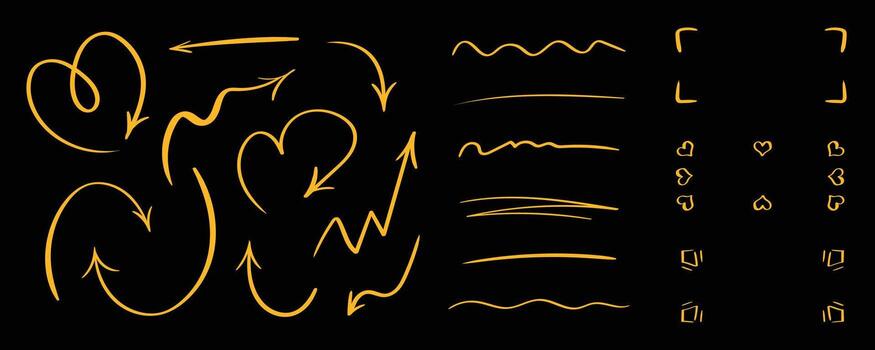 Doodle arrows, hearts and marker lines collection. Hand drawn sketch set for presentation flowcharts, notes, and Adobe creative illustrations. vector