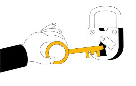 Hand with a peck opens a virtual lock. vector
