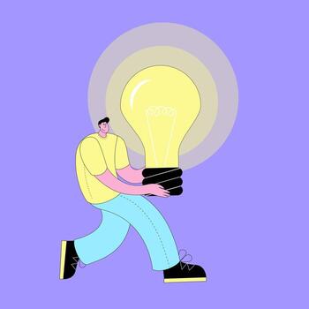 A character in modern clothing carries a large lamp. Big idea, brainstorming, and development. vector