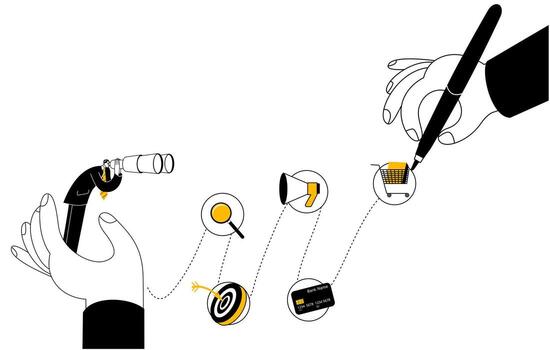User with binoculars looking at path with different icons. vector
