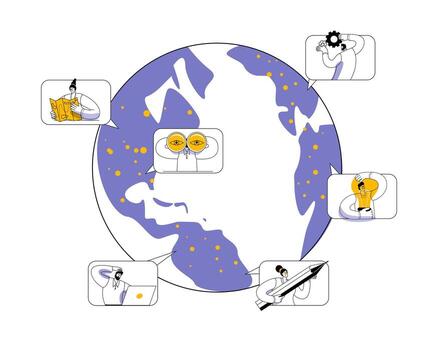 Globe with workers in different parts of the world. vector